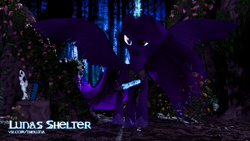 Size: 1920x1080 | Tagged: safe, artist:thelunagames, princess luna, alicorn, pony, 3d, crossover, flower, forest, looking at you, magic, minecraft, rock, solo, spread wings, sword, telekinesis, weapon