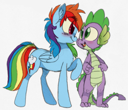 Size: 1018x877 | Tagged: safe, artist:xenon, rainbow dash, spike, dragon, pegasus, pony, blushing, female, male, rainbowspike, shipping, straight