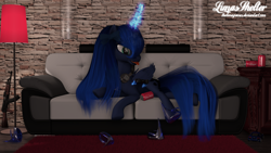 Size: 1920x1080 | Tagged: safe, artist:thelunagames, princess luna, alicorn, pony, 3d, ak, ak-47, assault rifle, controller, gamer luna, gun, headphones, magic, prone, rifle, soda can, sofa, solo, telekinesis, tongue out, weapon