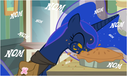 Size: 1000x600 | Tagged: safe, artist:flash equestria photography, princess luna, alicorn, pony, cloak, clothes, comic, cute, eating, food, happy, hunted luna, messy eating, nom, pie, saddle bag, solo