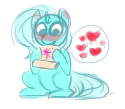 Size: 1280x1119 | Tagged: safe, artist:ponycide, derpibooru import, trixie, pony, unicorn, blushing, female, heart, lesbian, letter, mare, shipping, sketch, solo, twixie