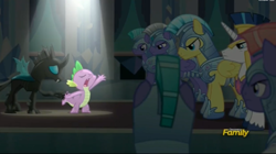 Size: 2507x1407 | Tagged: safe, screencap, shining armor, spike, thorax, changeling, crystal pony, dragon, pegasus, pony, unicorn, the times they are a changeling, a changeling can change, armor, crystal guard, crystal guard armor, male, solo focus, spotlight, stallion