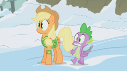 Size: 1280x720 | Tagged: safe, screencap, applejack, spike, dragon, earth pony, pony, blonde mane, duo, female, male, mare, orange coat