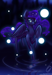 Size: 1500x2154 | Tagged: safe, artist:thegraid, princess luna, alicorn, pony, :o, eye reflection, night, ripple, solo, spread wings, water