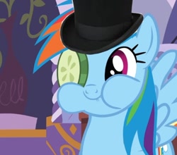 Size: 442x389 | Tagged: safe, edit, rainbow dash, pegasus, pony, cucumber monocle, fancy, hat, top hat