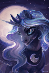 Size: 1189x1768 | Tagged: safe, artist:elesteyzis, princess luna, alicorn, pony, moon, night, solo, stars