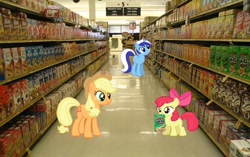 Size: 672x422 | Tagged: safe, artist:dontae98, apple bloom, applejack, minuette, pony, apple jacks, cereal, irl, photo, ponies in real life, pun, supermarket, vector