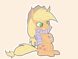 Size: 780x586 | Tagged: safe, artist:sunomii, applejack, earth pony, pony, clothes, scarf, tea