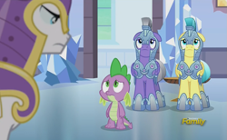 Size: 1147x707 | Tagged: safe, screencap, shining armor, spike, crystal pony, dragon, pegasus, pony, unicorn, the times they are a changeling, armor, crystal guard, crystal guard armor, floppy ears, helmet, male, stallion