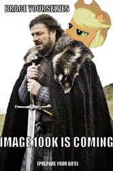 Size: 426x640 | Tagged: safe, applejack, earth pony, pony, brace yourselves, female, game of thrones, mare, meme