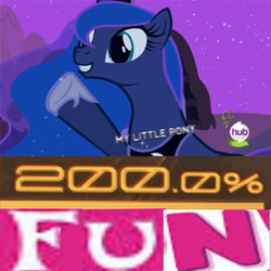 Size: 600x600 | Tagged: safe, edit, edited screencap, screencap, princess luna, alicorn, pony, 200% mad, crossing the memes, expand dong, exploitable meme, fun, hub logo, meme, solo, the fun has been doubled