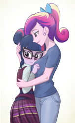 Size: 840x1380 | Tagged: safe, artist:ta-na, dean cadance, princess cadance, sci-twi, twilight sparkle, equestria girls, friendship games, :t, blushing, boob smothering, breast pillow, breasts, clothes, crystal prep academy uniform, cute, female, frown, glasses, hair bun, hug, looking away, ponytail, princess cansdance, school uniform, sister-in-law, skirt, smiling, twiabetes
