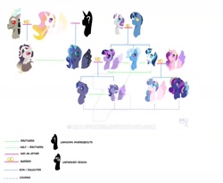 Size: 1280x1048 | Tagged: safe, artist:malupokebr, derpibooru import, discord, night light, princess cadance, princess celestia, princess flurry heart, princess luna, shining armor, trixie, twilight sparkle, twilight sparkle (alicorn), twilight velvet, alicorn, hybrid, pony, unicorn, alternate universe, dislestia, family tree, female, headcanon, interspecies offspring, lesbian, male, nightvelvet, offspring, parent:discord, parent:princess cadance, parent:princess celestia, parent:shining armor, parents:dislestia, parents:shiningcadance, shiningcadance, shipping, simple background, straight, twiluna, white background