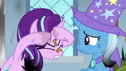 Size: 1920x1080 | Tagged: safe, derpibooru import, screencap, starlight glimmer, trixie, pony, unicorn, a horse shoe-in, angry, burnt mane, clothes, dirty, duo, eyes closed, female, hat, mare, scorched, trixie's hat