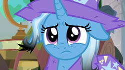 Size: 1920x1080 | Tagged: safe, derpibooru import, screencap, trixie, pony, unicorn, a horse shoe-in, burnt mane, female, mare, sad, scorched, solo