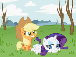 Size: 1400x1050 | Tagged: safe, artist:tess, applejack, rarity, earth pony, pony, unicorn, chibi, cute, female, freckles, grass, jackabetes, lesbian, mare, raribetes, rarijack, shipping