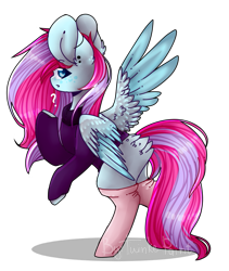 Size: 785x929 | Tagged: safe, artist:twinkepaint, oc, oc only, pegasus, pony, clothes, female, looking back, mare, question mark, simple background, solo, stockings, sweater, thigh highs, transparent background