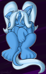 Size: 709x1136 | Tagged: safe, artist:llametsul, derpibooru import, trixie, sphinx, alternate hairstyle, atg 2020, babysitter trixie, chest fluff, clothes, cute, diatrixes, ear fluff, eyes closed, female, hoodie, horn, licking, newbie artist training grounds, paws, pigtails, signature, sitting, solo, species swap, sphinxified, tail, tongue out, twintails