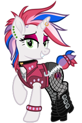 Size: 2000x3000 | Tagged: safe, alternate version, artist:cheezedoodle96, sweetie belle, pony, unicorn, it isn't the mane thing about you, .svg available, alternate hairstyle, belt, boots, bracelet, buckle, choker, clothes, denim shorts, ear piercing, earring, eyeshadow, female, fishnet stockings, heart, horn piercing, horn ring, jacket, jewelry, lidded eyes, makeup, mare, mohawk, necklace, older, older sweetie belle, padlock, pantyhose, piercing, punk, raised hoof, raised leg, raripunk, recolor, see-through, shoes, simple background, socks, solo, stockings, svg, thigh highs, torn clothes, transparent background, vector, vector edit