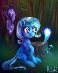 Size: 899x1121 | Tagged: safe, artist:blacki, derpibooru import, trixie, pony, unicorn, :o, cute, eyes on the prize, female, fluffy, forest, grass, mare, open mouth, raised hoof, reflection, signature, sitting, solo, tree stump, wisp