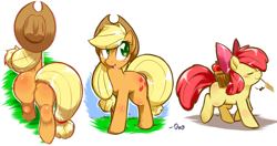 Size: 1280x676 | Tagged: safe, artist:0r0ch1, apple bloom, applejack, earth pony, pony, eyes closed, mouth hold, music notes, open mouth, plot, smiling, straw in mouth, walking, wheat