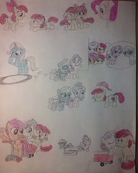 Size: 960x1207 | Tagged: safe, artist:jebens1, derpibooru import, apple bloom, diamond tiara, pinkie pie, scootaloo, silver spoon, sweetie belle, trixie, oc, oc:apple buck, oc:diamond crown, oc:silver laddle, earth pony, pony, angry, blushing, cart, cutie mark crusaders, donut, eyes closed, food, hat, kissing, looking at each other, rule 63, scooter, self paradox, self ponidox, smiling, wide eyes