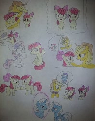 Size: 960x1216 | Tagged: safe, artist:jebens1, derpibooru import, apple bloom, applejack, sweetie belle, trixie, oc, oc:apple buck, oc:presto, earth pony, pony, blushing, card game, crying, eyes closed, happy, kissing, mirror, poker, rule 63, self paradox, self ponidox, surprised, tears of joy, wide eyes