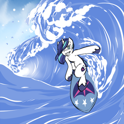 Size: 2000x2000 | Tagged: safe, artist:graphic-lee, shining armor, pony, unicorn, bipedal, sky, solo, surfboard, surfing, water, wave