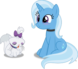 Size: 3239x2872 | Tagged: safe, artist:anime-equestria, derpibooru import, opalescence, trixie, cat, unicorn, behaving like a cat, blushing, bow, collar, cute, diatrixes, eyeshadow, female, horn, licking, makeup, mare, simple background, sitting, smiling, tongue out, transparent background, vector