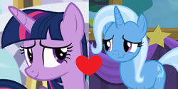 Size: 1284x642 | Tagged: safe, derpibooru import, edit, edited screencap, screencap, trixie, twilight sparkle, twilight sparkle (alicorn), alicorn, female, lesbian, shipping, shipping domino, twixie