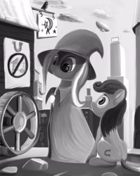 Size: 2063x2589 | Tagged: safe, artist:ponsce, derpibooru import, trixie, oc, bird, pony, unicorn, female, mare, monochrome, trixie's wagon, wheel