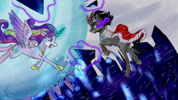 Size: 1366x768 | Tagged: safe, artist:fullmoondagger, king sombra, princess cadance, alicorn, pony, unicorn, female, fight, horn, male, mare, stallion