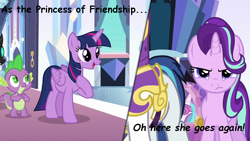 Size: 1280x720 | Tagged: safe, edit, edited screencap, screencap, princess flurry heart, shining armor, spike, starlight glimmer, twilight sparkle, twilight sparkle (alicorn), alicorn, dragon, pony, unicorn, the times they are a changeling, annoyed, caption, princess of friendship