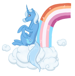 Size: 2610x2646 | Tagged: safe, alternate version, artist:laroisbeaute, derpibooru import, trixie, pony, unicorn, cloud, commission, female, lesbian pride flag, mare, pride, pride flag, rainbow, simple background, sitting, solo, trans girl, trans trixie, transgender, transgender pride flag, transparent background, ych result