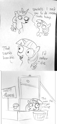 Size: 1440x3137 | Tagged: safe, artist:tjpones, princess celestia, twilight sparkle, twilight sparkle (alicorn), alicorn, pony, 2017, abuse, bad end, comic, dark comedy, dialogue, disproportionate retribution, execution, female, gallows humor, grayscale, guillotine, imminent death, imminent decapitation, lineart, mare, monochrome, pencil drawing, sparkles! the wonder horse!, traditional art, treason, twilybuse, worth it