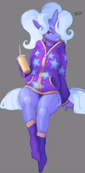 Size: 1508x3055 | Tagged: safe, artist:spaboofy, derpibooru import, trixie, anthro, plantigrade anthro, unicorn, alternate hairstyle, babysitter trixie, bottomless, clothes, female, gameloft, gameloft interpretation, gray background, hair over one eye, hoodie, legs, mare, missing shoes, partial nudity, simple background, sitting, socks, solo