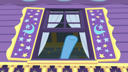 Size: 1920x1080 | Tagged: safe, derpibooru import, screencap, trixie, a horse shoe-in, hoof focus, hooves, raised hoof, single hoof, solo, trixie's wagon, window