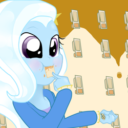 Size: 1024x1024 | Tagged: safe, artist:lorepeepsblue, derpibooru import, trixie, equestria girls, blush sticker, blushing, crackers, cute, diatrixes, food, peanut butter, peanut butter crackers, solo, that human sure does love peanut butter crackers