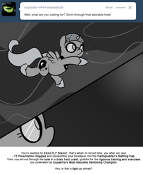 Size: 666x809 | Tagged: safe, artist:egophiliac, princess luna, alicorn, pony, cartographer's bathing cap, cartographer's cap, filly, goggles, hat, monochrome, moonstuck, solo, swimming, swimming cap, swimming goggles, underwater, woona, younger