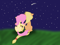 Size: 800x600 | Tagged: safe, artist:woop-de-de-doo, applejack, fluttershy, earth pony, pegasus, pony, appleshy, female, hill, hug, lesbian, missing accessory, night, shipping, shooting star, stars