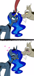 Size: 1900x4200 | Tagged: safe, artist:elementalokami, discord, princess luna, alicorn, pony, blushing, eating, hay, heart, horses doing horse things, lunacord, male, shipping, straight