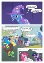 Size: 1416x2012 | Tagged: safe, artist:areyesram, derpibooru import, amethyst star, applejack, carrot top, diamond tiara, discord, golden harvest, lyra heartstrings, minuette, pinkie pie, ponet, rainbow dash, rover, sparkler, spike, trixie, twilight sparkle, diamond dog, dragon, earth pony, pegasus, pony, unicorn, comic, female, fourth wall, mare