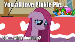 Size: 1280x716 | Tagged: safe, pinkie pie, earth pony, pony, caption, image macro, meme, pinkamena diane pie, sad