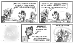 Size: 3000x1764 | Tagged: safe, artist:chopsticks, derpibooru import, starlight glimmer, sunburst, trixie, pony, unicorn, argument, blushing, cape, cheek fluff, chest fluff, clothes, comic, cross-popping veins, dialogue, ear fluff, female, floppy ears, forced kiss, glasses, glowing horn, grayscale, hoof fluff, horn, kissing, lesbian, love triangle, magic, male, misspelling, monochrome, robe, shipper on deck, shipping, shipping denied, straight, sunburst's robe, surprise kiss, teleportation, text, trixburst, vein bulge, yelling