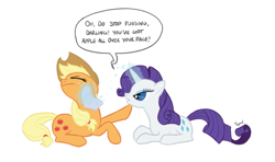 Size: 1123x665 | Tagged: safe, artist:tylerlegrand, applejack, rarity, earth pony, pony, unicorn, cute, darling, female, grooming, lesbian, napkin, rarijack, shipping