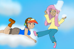 Size: 1024x677 | Tagged: safe, artist:numbuh0051, fluttershy, rainbow dash, clothes, female, humanized, multicolored hair