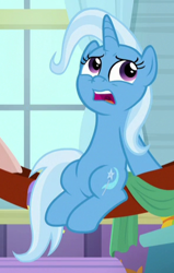 Size: 294x462 | Tagged: safe, derpibooru import, screencap, trixie, a horse shoe-in, cropped, sitting up, solo