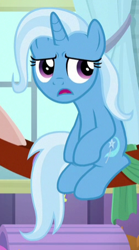 Size: 251x453 | Tagged: safe, derpibooru import, screencap, trixie, a horse shoe-in, cropped, sitting up, solo