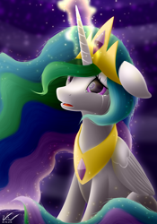 Size: 1750x2500 | Tagged: safe, artist:symbianl, princess celestia, alicorn, pony, crying, glowing horn, magic, mare in the moon, moon, reflection, solo