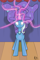 Size: 1200x1800 | Tagged: safe, artist:greseres, derpibooru import, trixie, pony, unicorn, female, glowing eyes, magic, mare, solo, stage